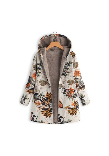 Yeni Kadın Yaprak Baskılı Kapşonlu Uzun Kollu Retro Ceket Sıcak Turuncu
