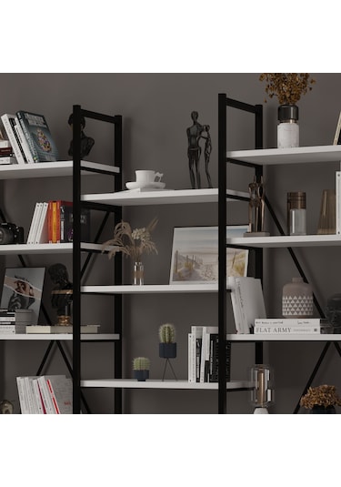 6 Raflı Metal Kitaplık Üç Modül-metalk03-beyaz