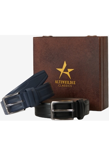 AC&Co / Altınyıldız Classics Erkek Siyah-lacivert Özel Ahşap Kutulu 2'li Casual Kemer Set Damat Bohçası Lacivert - Siyah