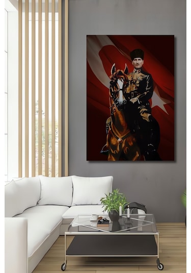 Mustafa Kemal Atatürk At Üzerinde Yağlı Boya Görünümlü Ahşap Dekoratif Tablo Uynkfrk63453