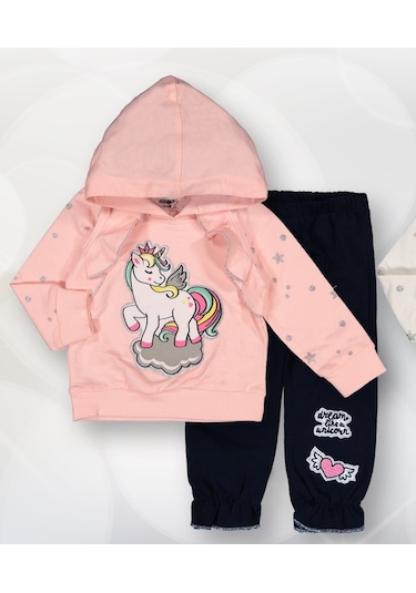 Kapşonlu Bağcıklı Unicorn Aplike Nakışlı Bebek 2'li Takım 0-2 Yaş
