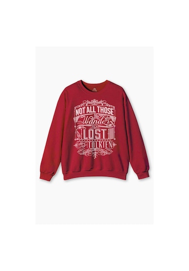 Bisiklet Yaka Sweatshirt Not All Those Who Wander Are Lost Lord Of The Rings Baskılı Unisex Sweat Kırmızı