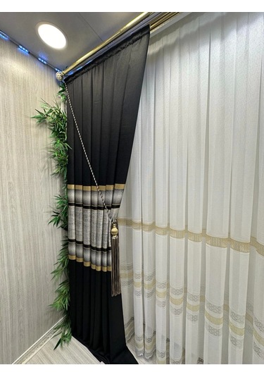 Nivemeshome Melanezya Siyah- Gold Şeritli 1/3 Sık Pileli Fon Perde Apm Siyah- Gold