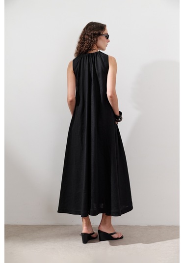 Keten Büzgülü Geniş Elbise Siyah Siyah