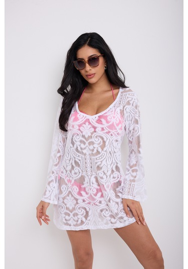 Kolları Volanlı Elbise Beyaz