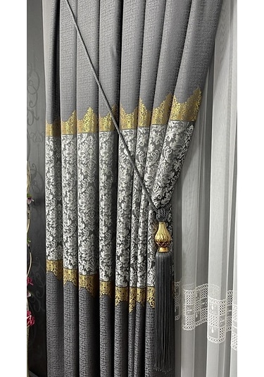 Takım Fon Perde Antrasit-altın 2 Kanat Fon+aksesuar Antrasit Gri
