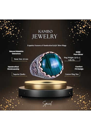 Gerçek Doğal Taş Yüzük - El Yapımı Kral Yüzüğü - 925 Ayar Gümüş Yüzük Malakit Gümüş