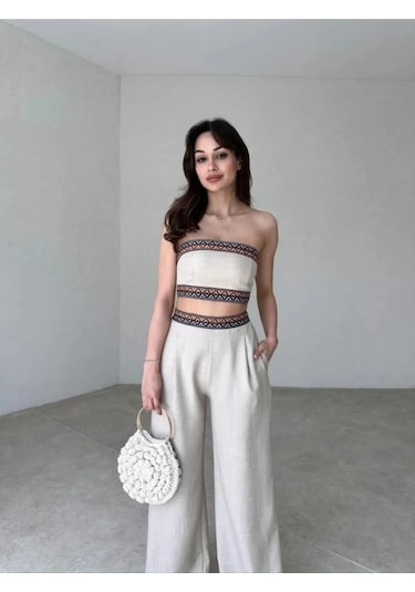 Aztek Motifli Şerit Korse Crop Cepli Lastikli Palazzo Pantolon Modern Etnik Yazlık Boho Keten Takım Bej Aztek Motifli Şerit Korse Crop Cepli Lastikli Palazzo Pantolon Modern Etnik Yazlık Boho Keten Takım Bej