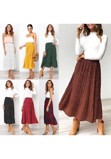 Kadın Yarım Vücut Etek Moda Puantiyeli Cepli Pileli Rüzgar Eteği Uzun Etek Yeşil