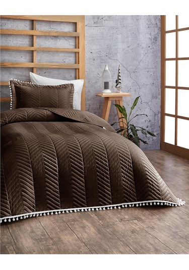Evlen Home Ponponlu %100 Pamuk Tek Kişilik Günlük Yatak Örtüsü Pike Takımı Seti Koyu Kahve