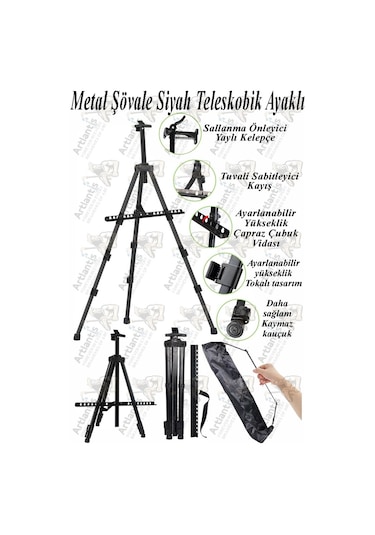 Metal Şövale 1 Adet Siyah Teleskopik Ayaklı Çantalı Resim Şövale Portatif Ayarlanabilir Tripod Üç Ayaklı Alümünyum