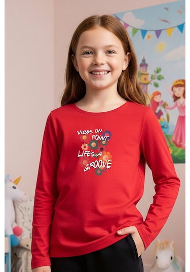 Yuvarlak Yaka Renkli Çiçek Baskılı Kız Çocuk Sweatshirt Kırmızı