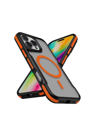 İphone 16 Pro Max Uyumlu Magsafe Şarj Özellikli Renkli Kenar Airbag Şeritli Lamer Kapak-turuncu