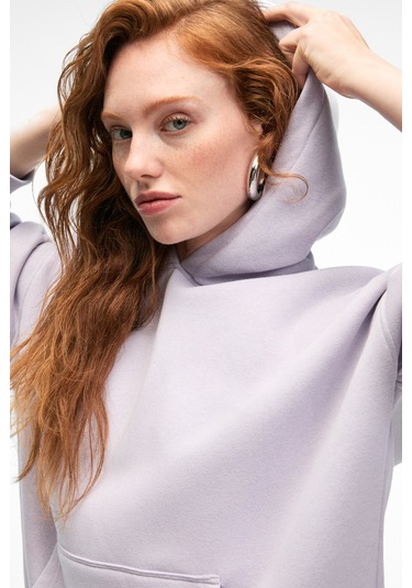 Grımelange Clarıe Kadın Organik Pamuklu Oversize Kanguru Cepli Kapüşonlu Lila Sweatshirt Lila