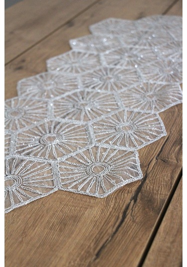 Simli Dantel Kordon Örme Detay Masa Runner Fiskos Örtüsü 100x35 Cm 2004-altıgen 001