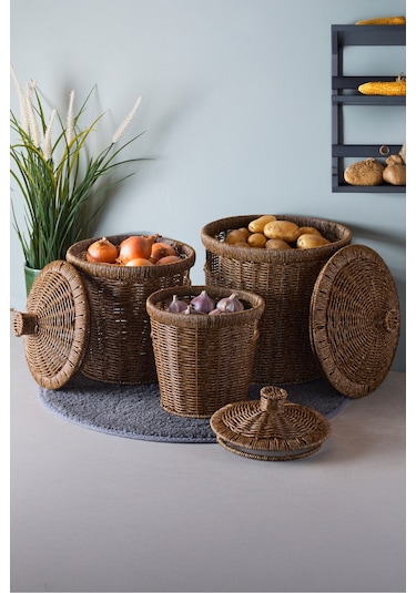 Bansko 3'lü Koyu Kahverengi Patates Soğan Sarımsak Sepeti Koyukahverengı Hasır Kahve
