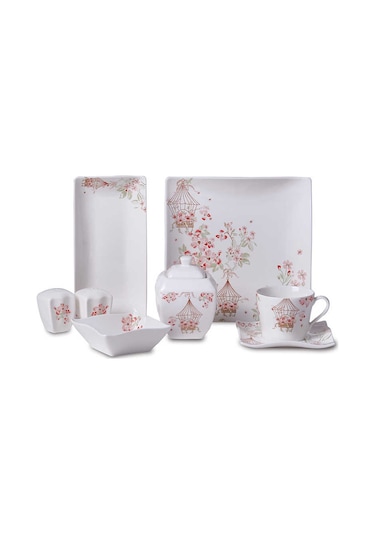 Korkmaz A8588 Link Collection 28 Parça Kare Kahvaltı Takımı Beyaz - Pembe