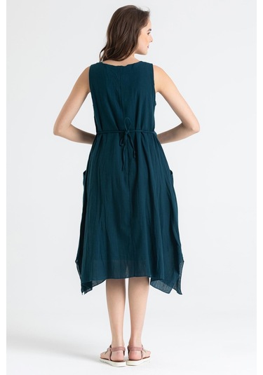 Kolsuz Şile Bezi Antik Nakışlı Midi Boy Elbise Petrol Ptrl-petrol