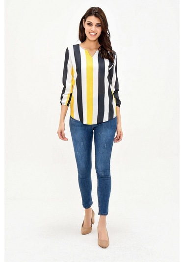 Kadın Siyah & Sarı Yakası Yırtmaçlı Çizgili Krep Bluz Truvakar Kol Kaliteli Dokulu Kumaş Siyah - Sarı