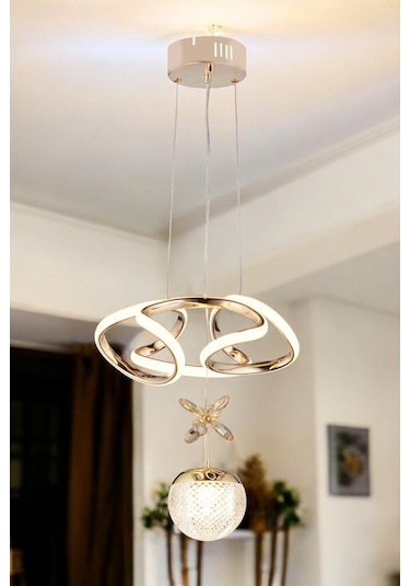 Ey-El Tasarım Tek Toplu Çiçek Modern Sarkıt Led Avize Taşlı Gold Kaplamalı Gold