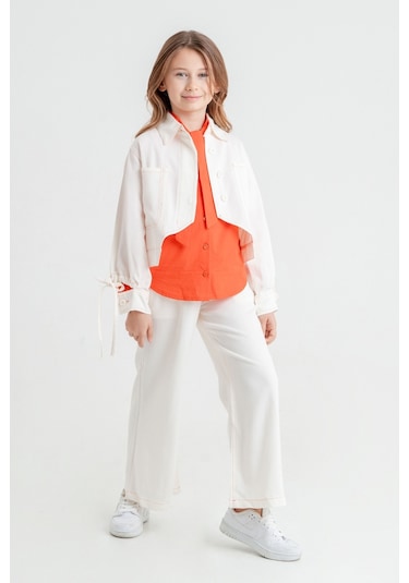 Kız Çocuk Zıt Dikişli Üçlü Takım 4410 Beyaz