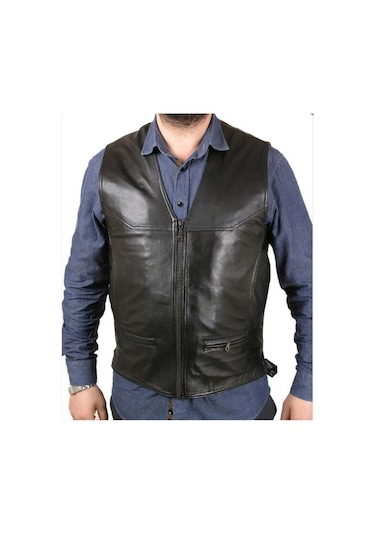 Hakiki Deri Siyah Calvin Fermuarlı Erkek Deri Yelek Siyah