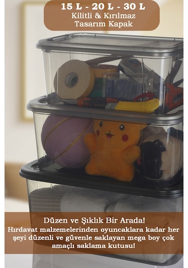 3'lü 15-20-30 L Çok Amaçlı Saklama Kabı Seti - Kilitli Kapak Banyo Mutfak Düzenleyici Saklama Kutusu Siyah