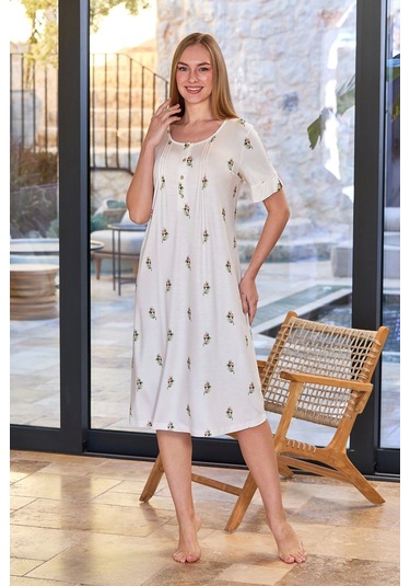 Aqua 25675 Kadın Gül Desen Kısa Kol Gecelik Pudra