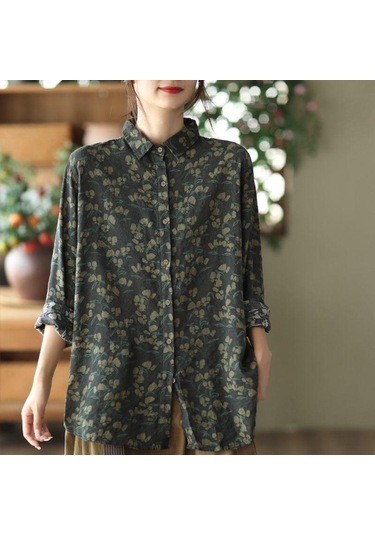 Kadın Baskılı Pamuk Keten Gömlek Kadın Rahat İlkbahar Ve Sonbahar Vintage Uzun Kollu Gömlek Üst Yeşil Kadın Baskılı Pamuk Keten Gömlek Kadın Rahat İlkbahar Ve Sonbahar Vintage Uzun Kollu Gömlek Üst Yeşil