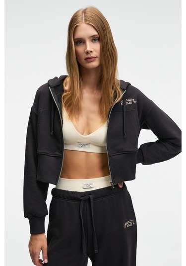 Grımelange Elara Kadın Metal Fermuarlı Nakışlı Kapüşonlu Crop Antrasit Sweatshirt Antrasit