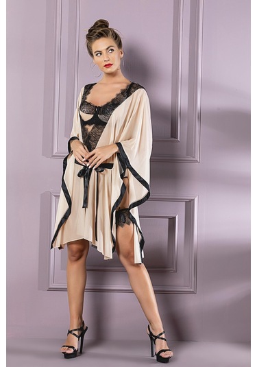 Dantel Detaylı, Kuşaklı, Transparan Sabahlık Cappucino Mgp11880 Cappucino