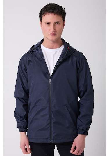Erkek Astarlı Kanguru Cepli Su Ve Rüzgar Geçirmez Kapüşonlu Cepli Yağmurluk - Rüzgarlık Lacivert