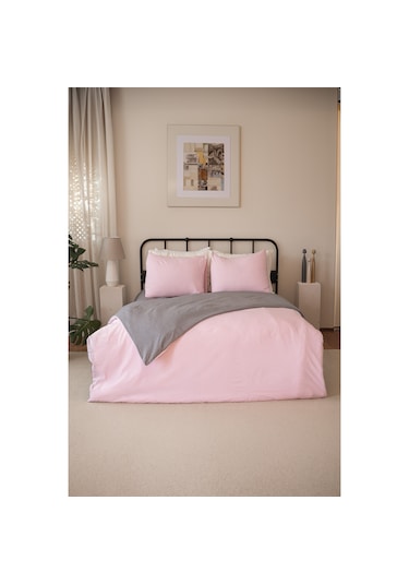 Nevresim Takımı Tek Kişilik Lastikli Çarşaflı Gri Pembe