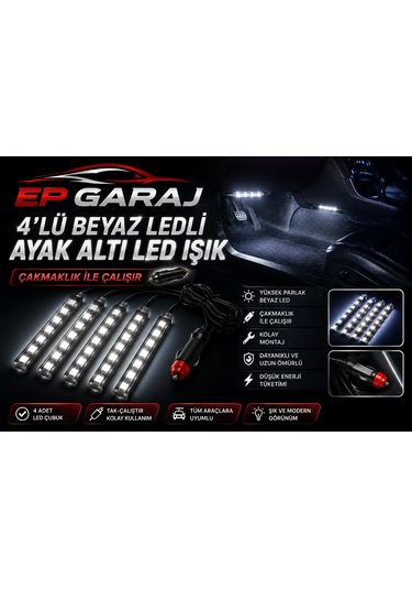 Üniversal Bütün Araçlara Uyumlu 4 Lü Beyaz Ledli Ayak Altı Led Işık Seti -
