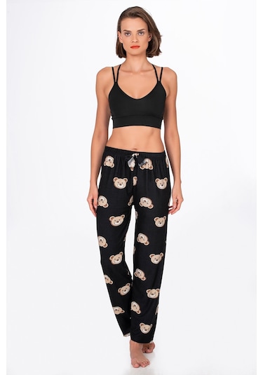 Kompedan Kadın Süet Ayıcık Desenli Pijama Tek Alt Desen 2