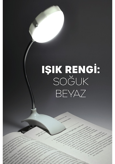 Kitap Okuma Lambası Kıskaçlı Bükülebilir 5 Led Midi Çalışma Işığı Pilli Spiral Gövde My005 Beyaz