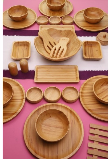 Atbyhome Bambu Glow 6 Kişilik 31 Parça Doğal Bambu Kahvaltı Takımı Kahvaltı Seti Sunum Seti Bambu