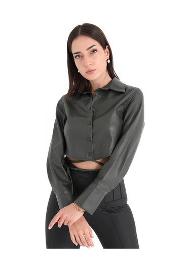 İçi Kadife Bağcıklı Kadın Kısa Deri Gömlek - Haki-haki Haki