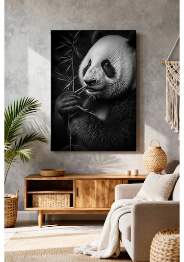 Kanvas Tablo Panda Bambu Siyah Beyaz Sevimli Hayvan Dekor Hd Baskı Mushen Studio