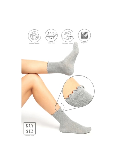 Bambu Kadın Lastiksiz Gri Fırfırlı Soket Dikişsiz Çorap 3'lü Paket / İz Bırakmaz / Sıkmayan Çorap Renkli