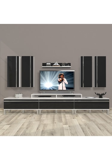 Decoraktiv Ekoflex 8d Mdf Krom Ayaklı Tv Ünitesi Tv Sehpası Beyaz - Siyah