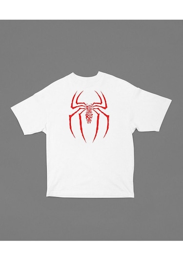 Havalı Spider-man Logo Baskılı Unisex Oversize Tişört Beyaz
