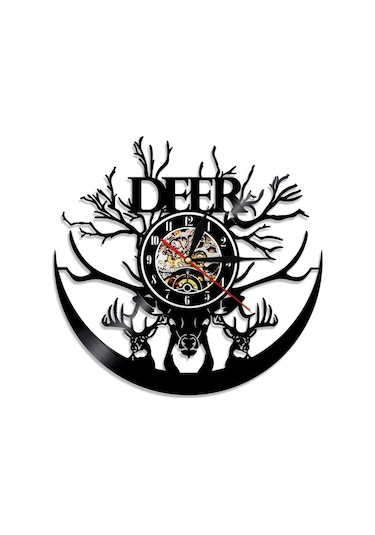 Primepickings Müzik Vinil Kayıt Duvar Saati -geyik Kafası Vinil Duvar Saati - Vinil Saat - Oturma Odası Duva A