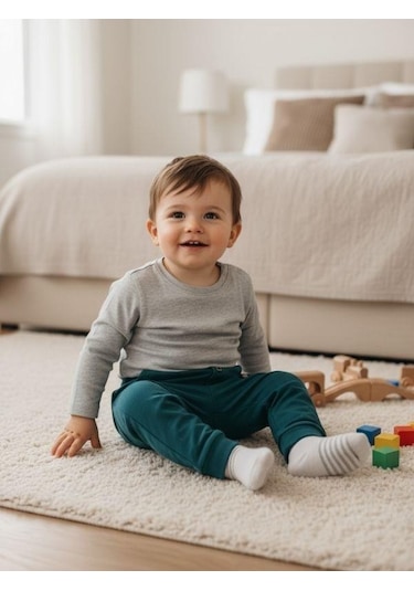 Zekids Erkek Çocuk Pamuklu Lastikli Duble Paça Eşofman Altı-16388 Yeşil