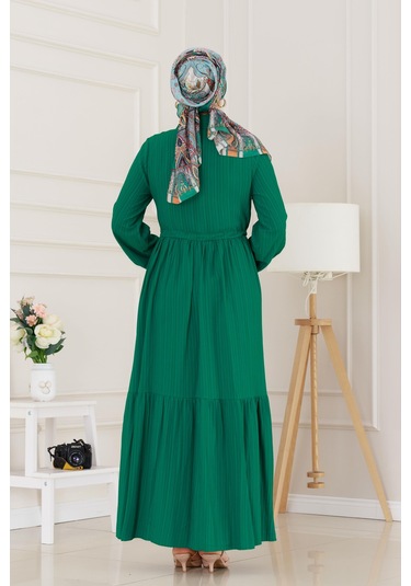 Gömlek Yaka Beli Tünelli Sare Elbise-zümrüt Yeşili-5068 Zümrüt Yeşili