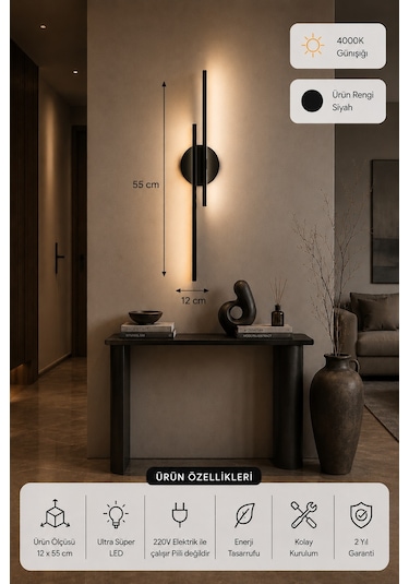 Aden Modern Led Duvar Apliği Günışığı Siyah
