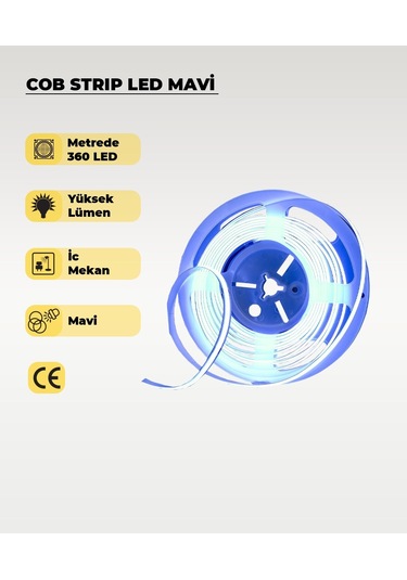 12v Cob Şerit Led Mavi Işık - Metrede 360 Led - 5 Metre 5 METRE