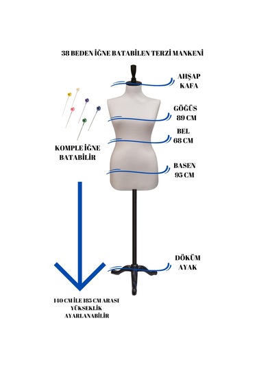 Döküm Ayaklı 38 Beden Sünger İğne Batabilen Terzi Prova Mankeni B