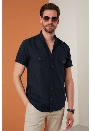 Buratti Düğmeli Yaka Pamuklu Slim Fit Cepli Erkek Gömlek Cf21S111153 Lacivert
