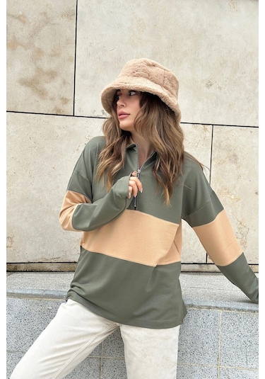 Kadın Haki Uzun Kol, Dik Yaka, Fermuarlı, Double Color Block Basic Sweatshirt Bluz Haki